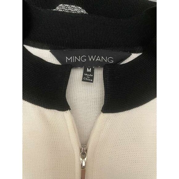 Ming Wang M Knit Jacket Sweater White Aqua Black Zigzag 3/4 Sleeve Zip Cardigan - Picture 8 of 9